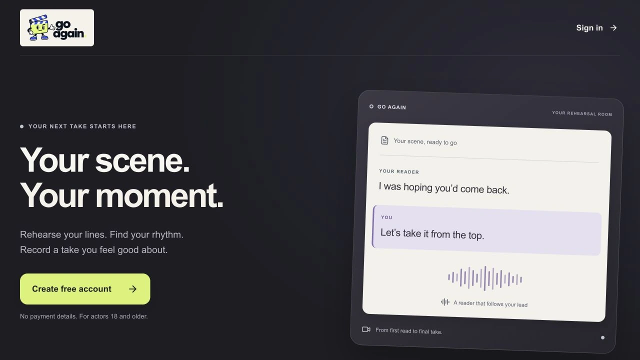 Actual Go Again rehearsal-room welcome page, showing sample reader lines, a script preview, and its current lime accent.