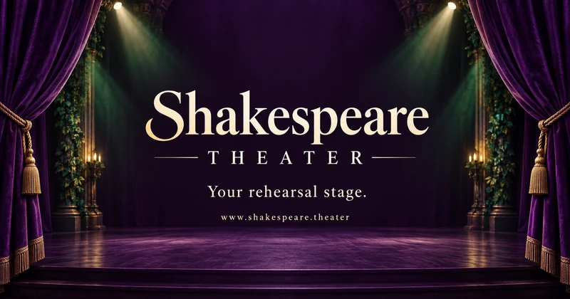 Official Shakespeare Theater artwork, with ivory lettering on a purple-curtained stage.